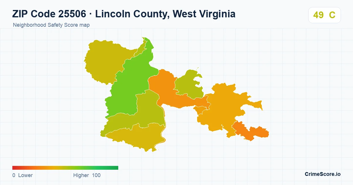 ZIP Code 25506 in Lincoln County, West Virginia neighborhood Safety Score map
