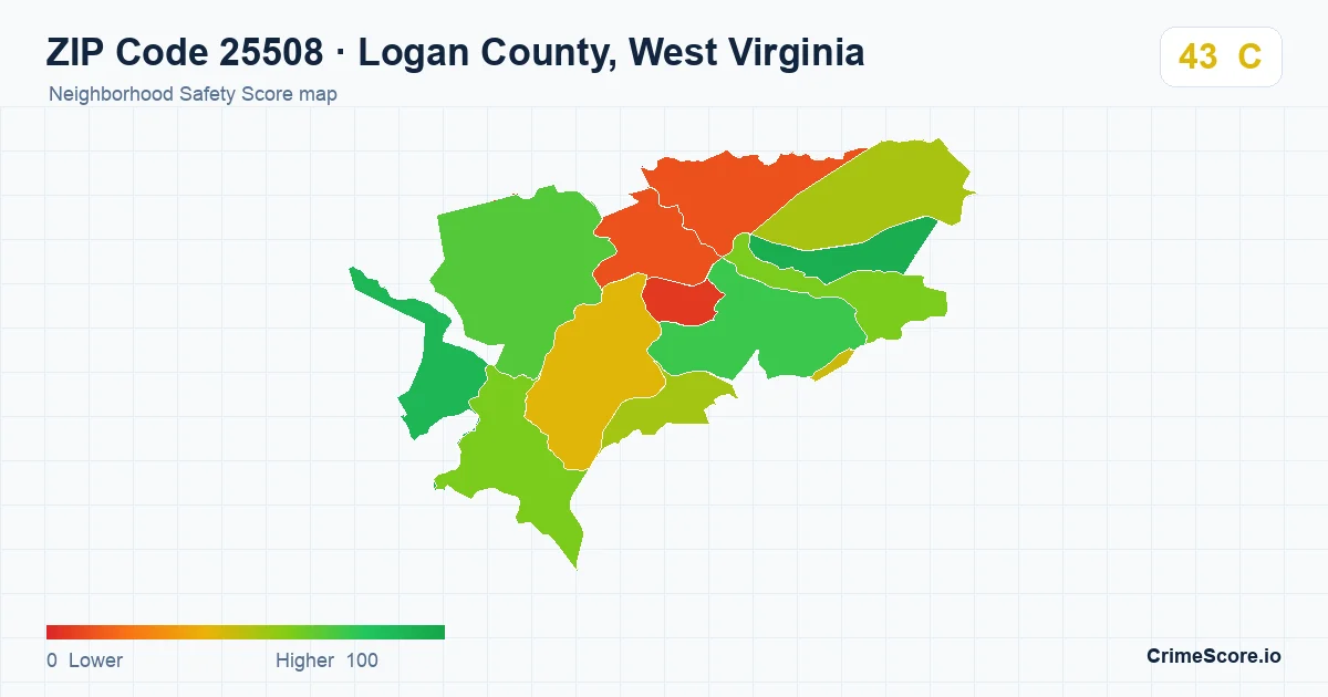 ZIP Code 25508 in Logan County, West Virginia neighborhood Safety Score map