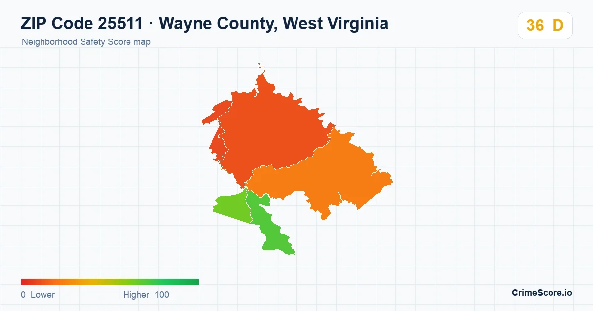 ZIP Code 25511 in Wayne County, West Virginia neighborhood Safety Score map