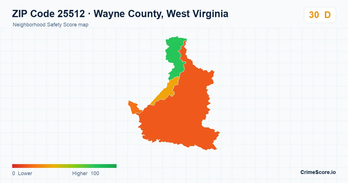 ZIP Code 25512 in Wayne County, West Virginia neighborhood Safety Score map