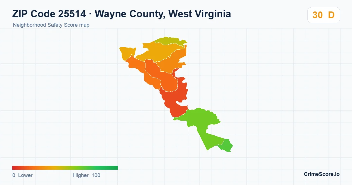ZIP Code 25514 in Wayne County, West Virginia neighborhood Safety Score map