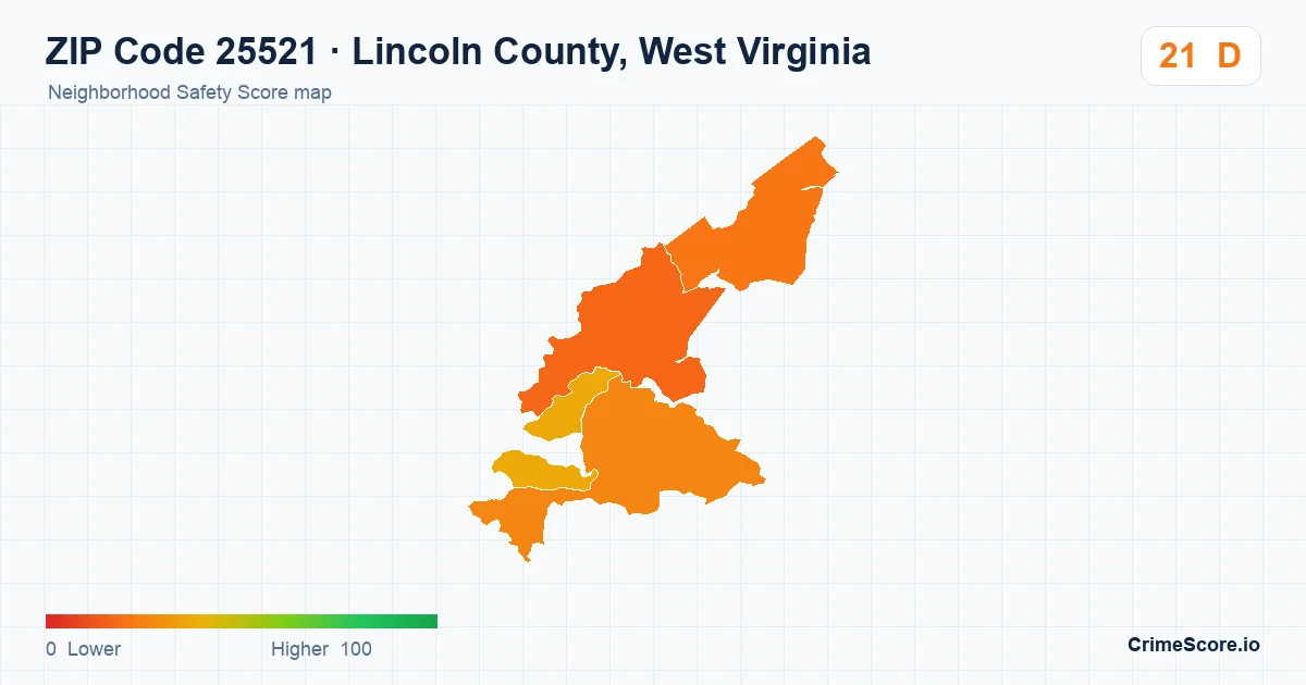 ZIP Code 25521 in Lincoln County, West Virginia neighborhood Safety Score map