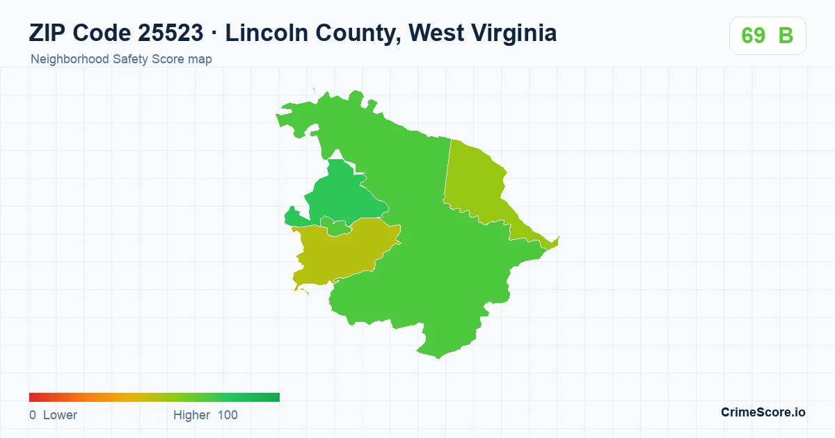 ZIP Code 25523 in Lincoln County, West Virginia neighborhood Safety Score map