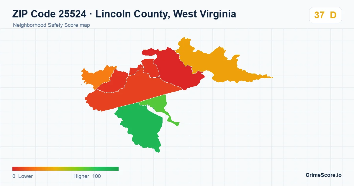 ZIP Code 25524 in Lincoln County, West Virginia neighborhood Safety Score map