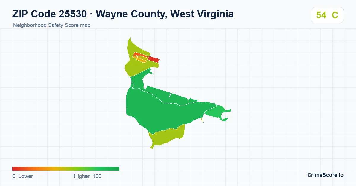 ZIP Code 25530 in Wayne County, West Virginia neighborhood Safety Score map