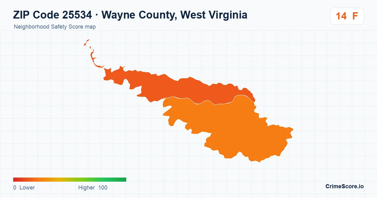 ZIP Code 25534 in Wayne County, West Virginia neighborhood Safety Score map