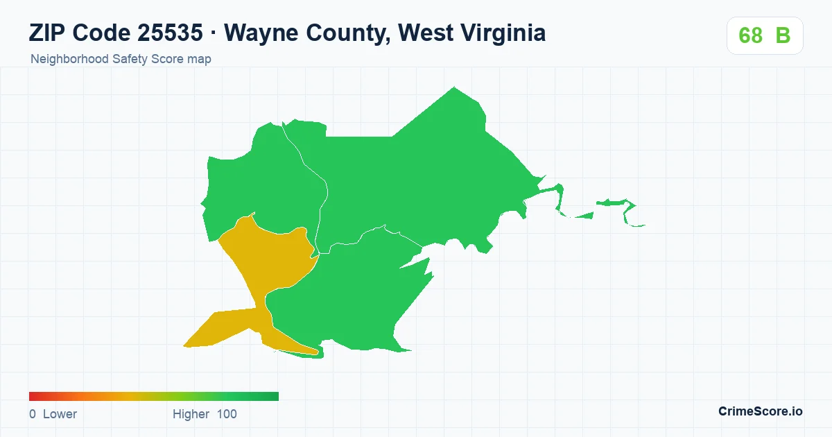 ZIP Code 25535 in Wayne County, West Virginia neighborhood Safety Score map