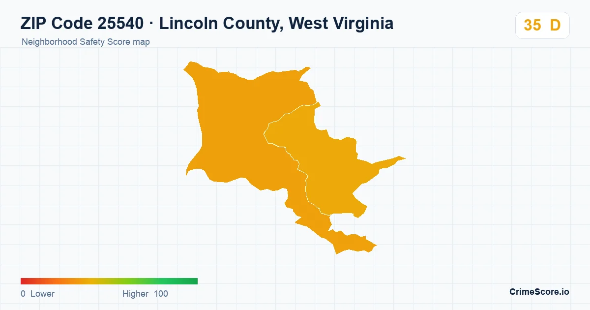 ZIP Code 25540 in Lincoln County, West Virginia neighborhood Safety Score map