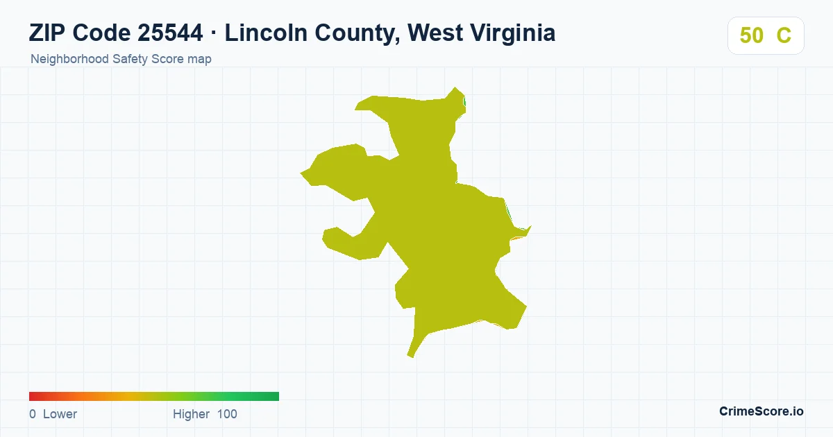 ZIP Code 25544 in Lincoln County, West Virginia neighborhood Safety Score map