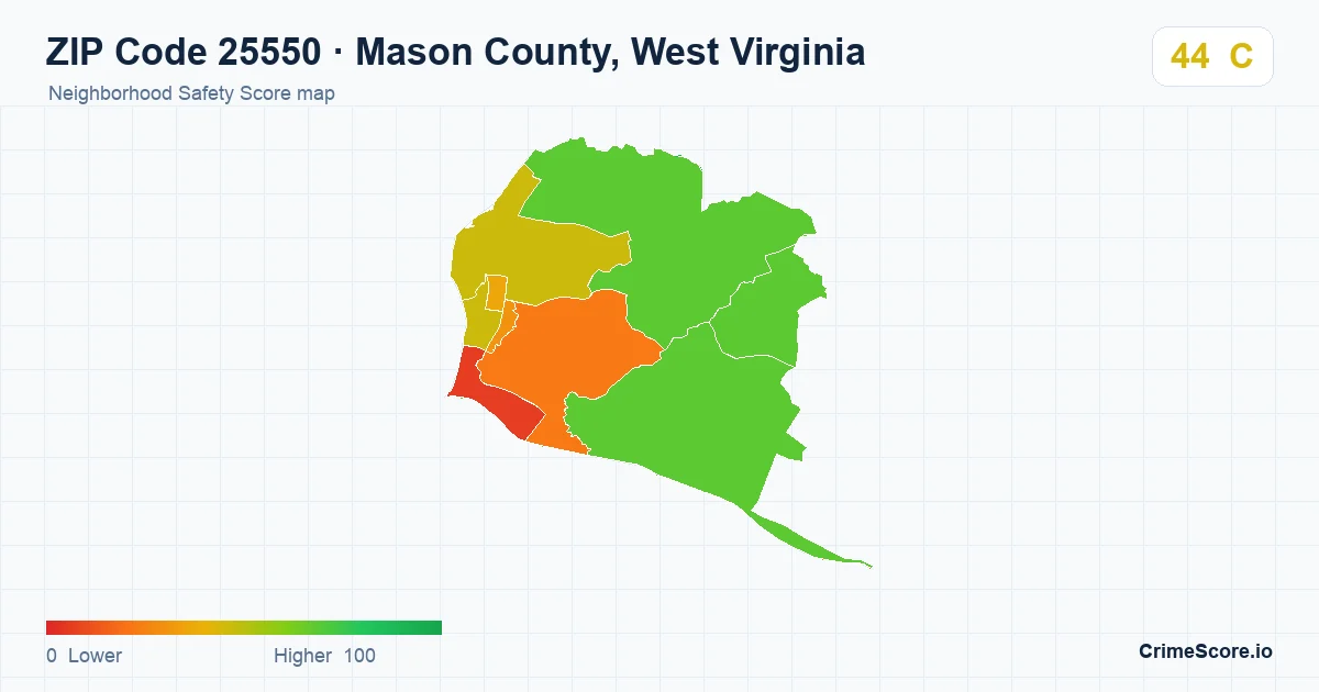 ZIP Code 25550 in Mason County, West Virginia neighborhood Safety Score map