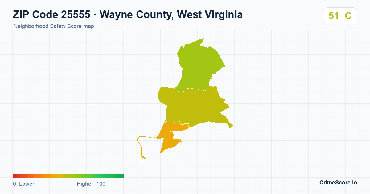 ZIP Code 25555 in Wayne County, West Virginia neighborhood Safety Score map