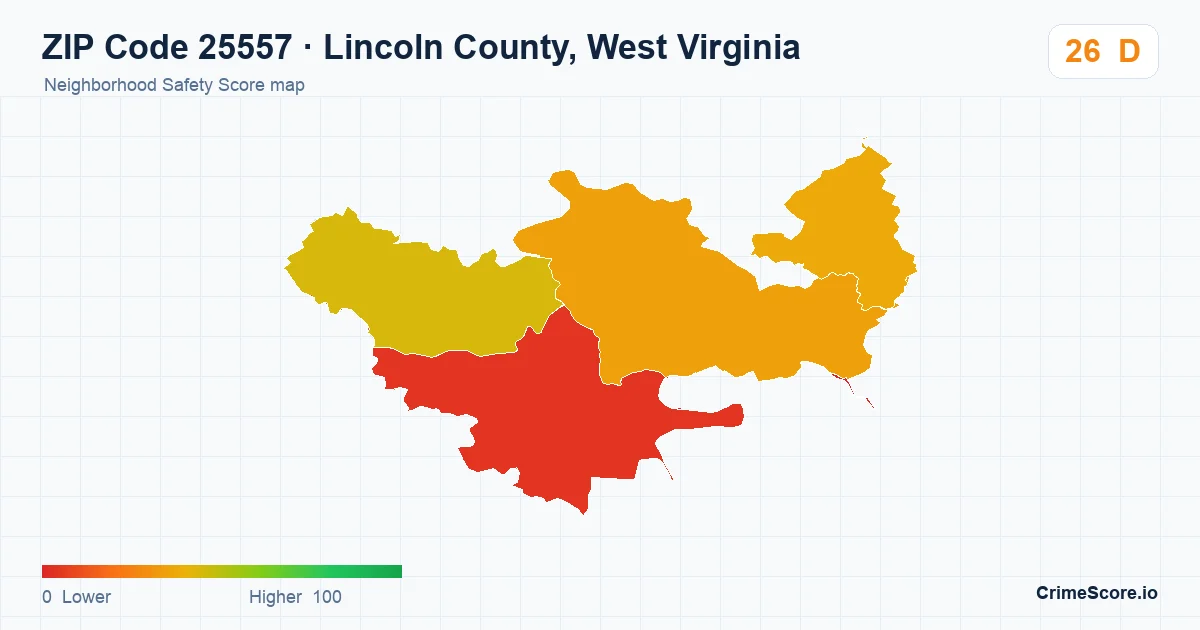 ZIP Code 25557 in Lincoln County, West Virginia neighborhood Safety Score map