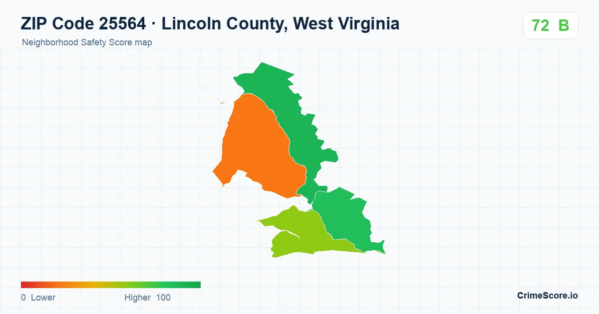 ZIP Code 25564 in Lincoln County, West Virginia neighborhood Safety Score map