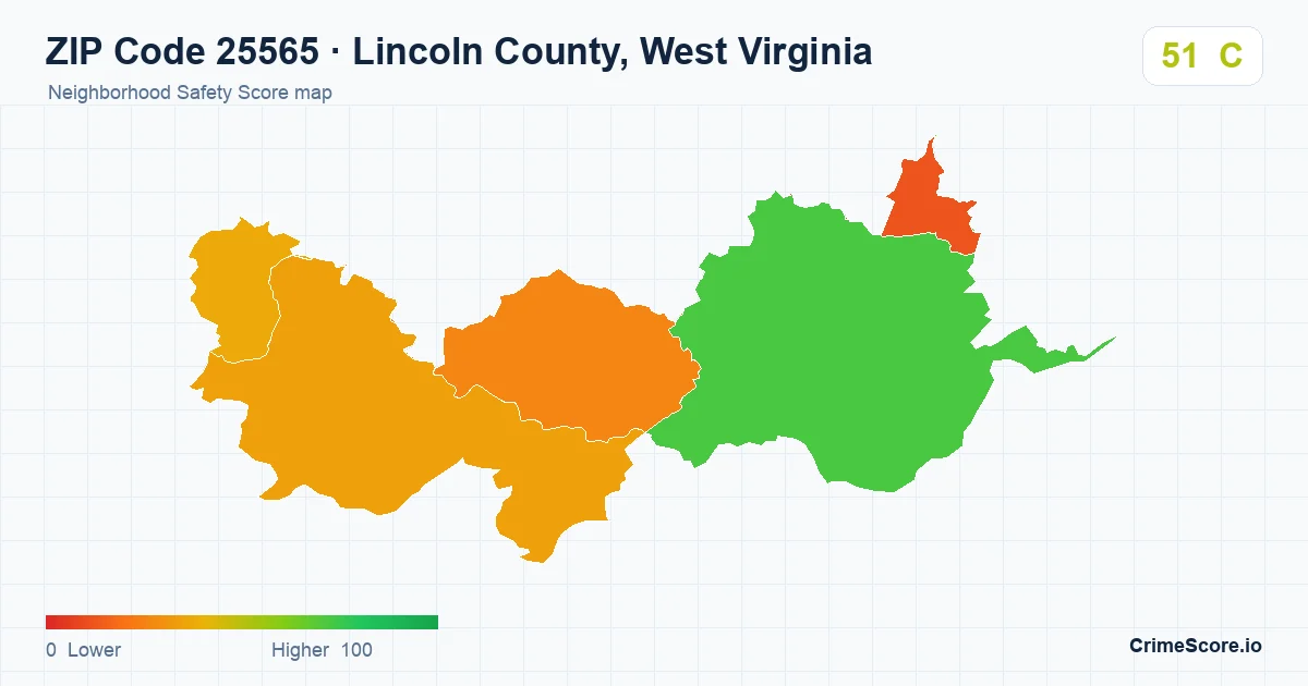 ZIP Code 25565 in Lincoln County, West Virginia neighborhood Safety Score map