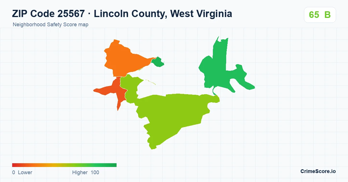 ZIP Code 25567 in Lincoln County, West Virginia neighborhood Safety Score map
