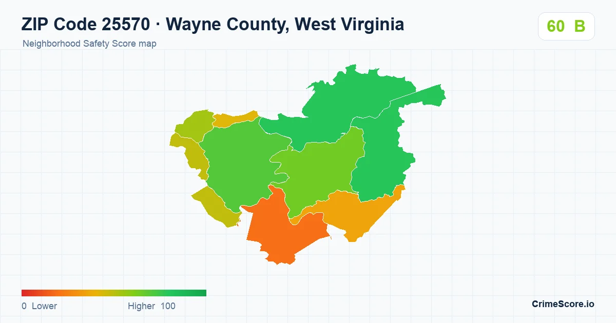 ZIP Code 25570 in Wayne County, West Virginia neighborhood Safety Score map