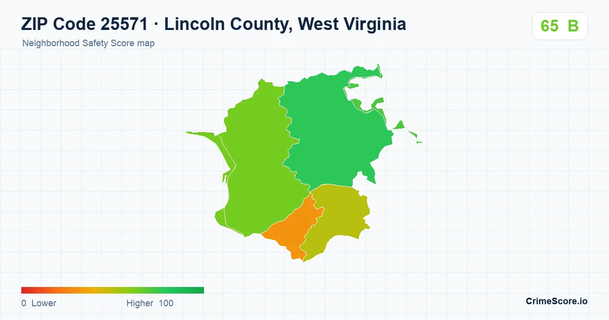 ZIP Code 25571 in Lincoln County, West Virginia neighborhood Safety Score map