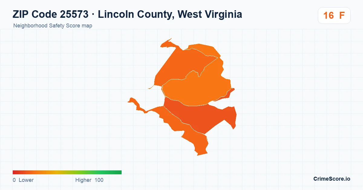ZIP Code 25573 in Lincoln County, West Virginia neighborhood Safety Score map