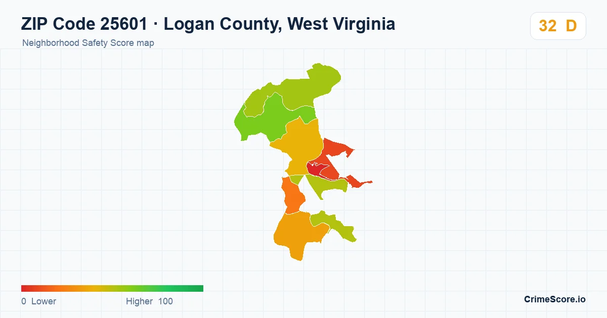 ZIP Code 25601 in Logan County, West Virginia neighborhood Safety Score map