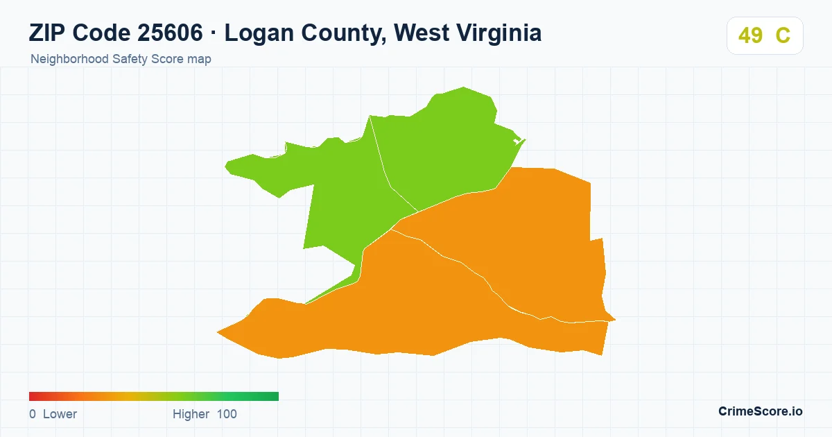 ZIP Code 25606 in Logan County, West Virginia neighborhood Safety Score map