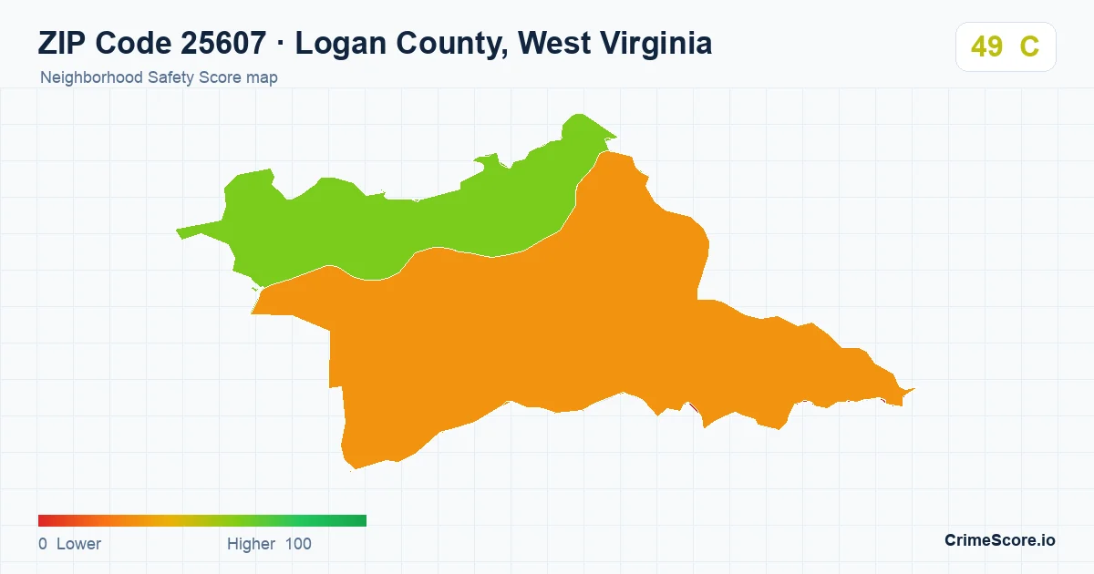 ZIP Code 25607 in Logan County, West Virginia neighborhood Safety Score map