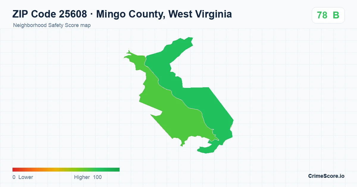 ZIP Code 25608 in Mingo County, West Virginia neighborhood Safety Score map