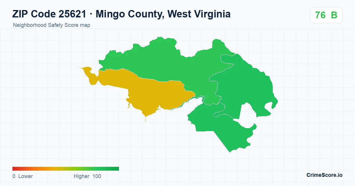 ZIP Code 25621 in Mingo County, West Virginia neighborhood Safety Score map