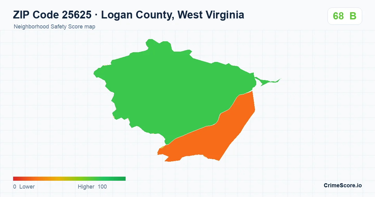 ZIP Code 25625 in Logan County, West Virginia neighborhood Safety Score map
