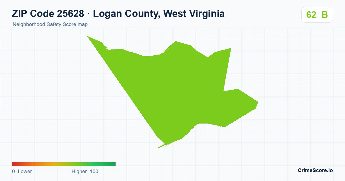 ZIP Code 25628 in Logan County, West Virginia neighborhood Safety Score map