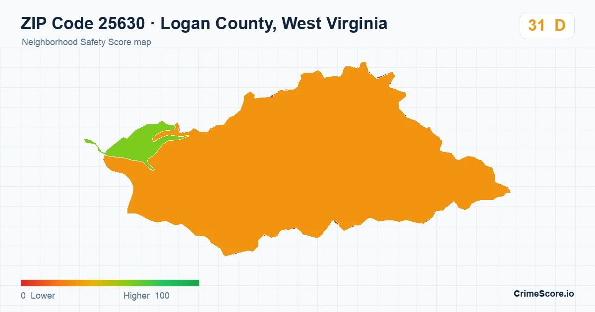 ZIP Code 25630 in Logan County, West Virginia neighborhood Safety Score map