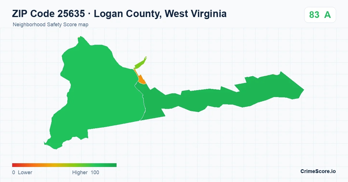ZIP Code 25635 in Logan County, West Virginia neighborhood Safety Score map