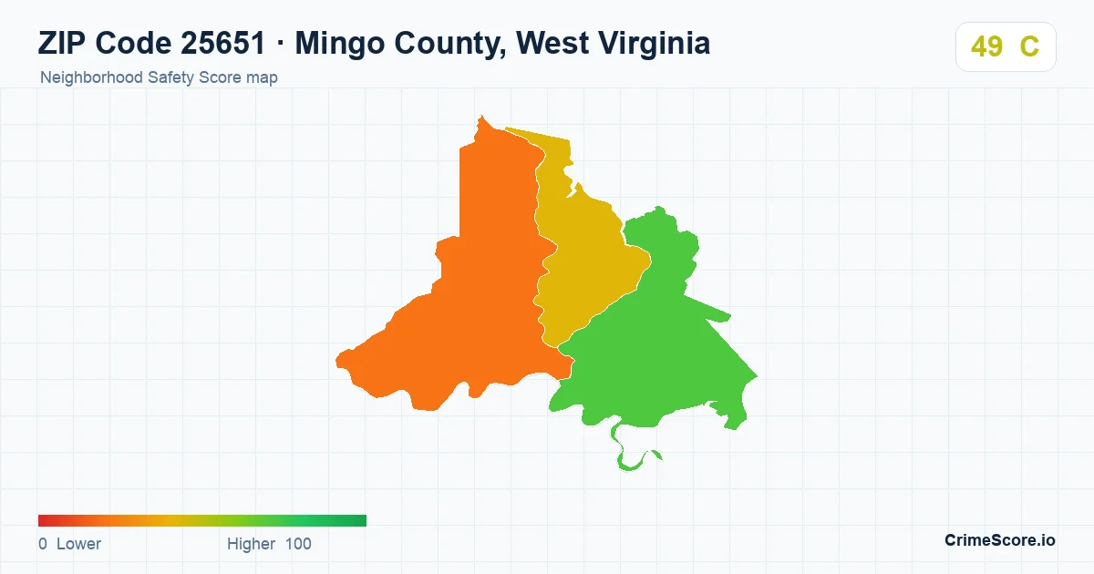 ZIP Code 25651 in Mingo County, West Virginia neighborhood Safety Score map