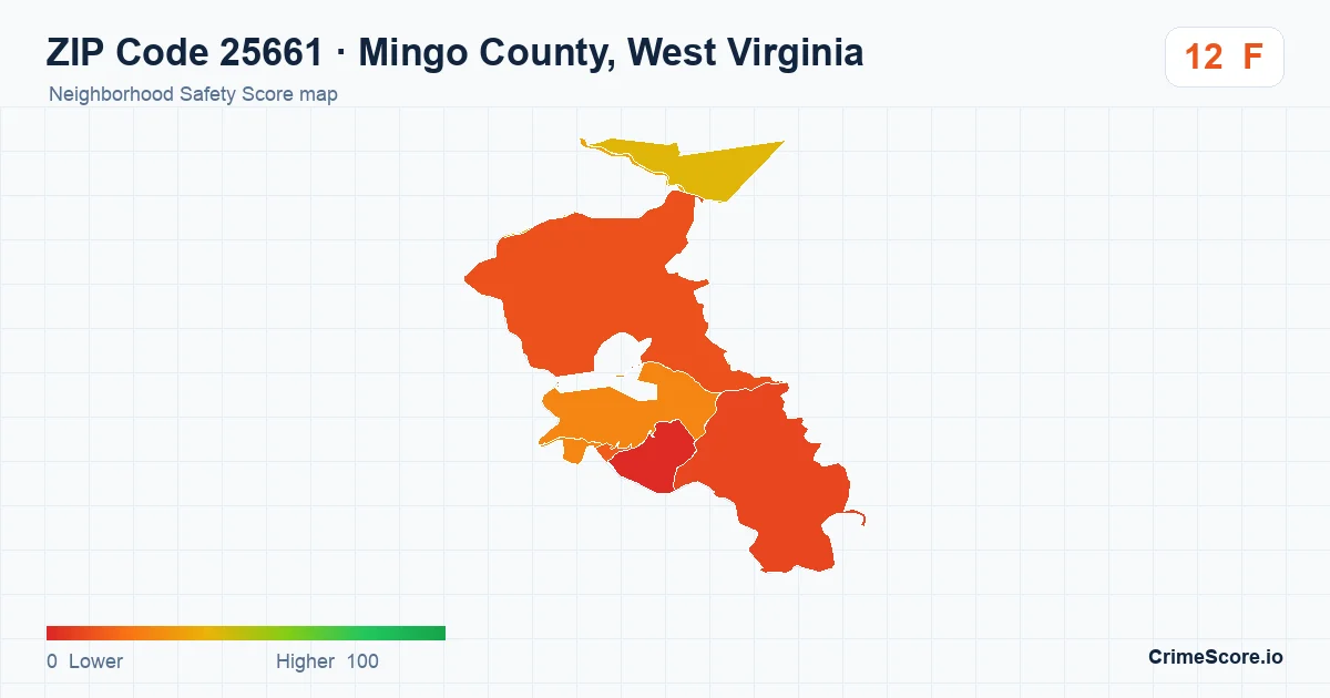 ZIP Code 25661 in Mingo County, West Virginia neighborhood Safety Score map