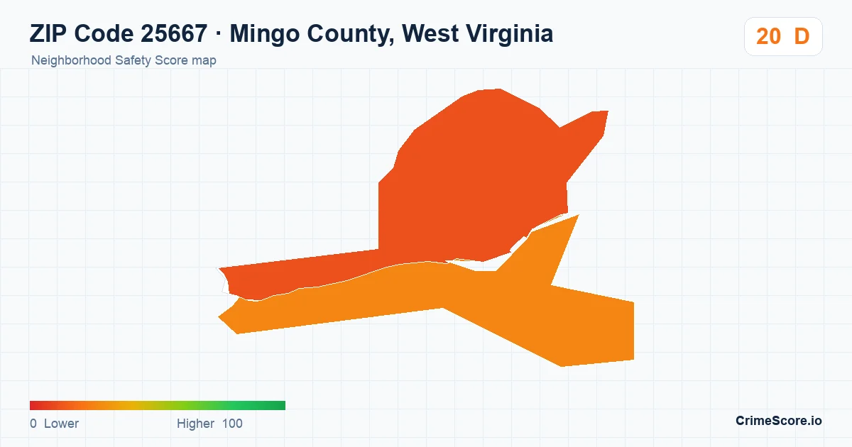 ZIP Code 25667 in Mingo County, West Virginia neighborhood Safety Score map