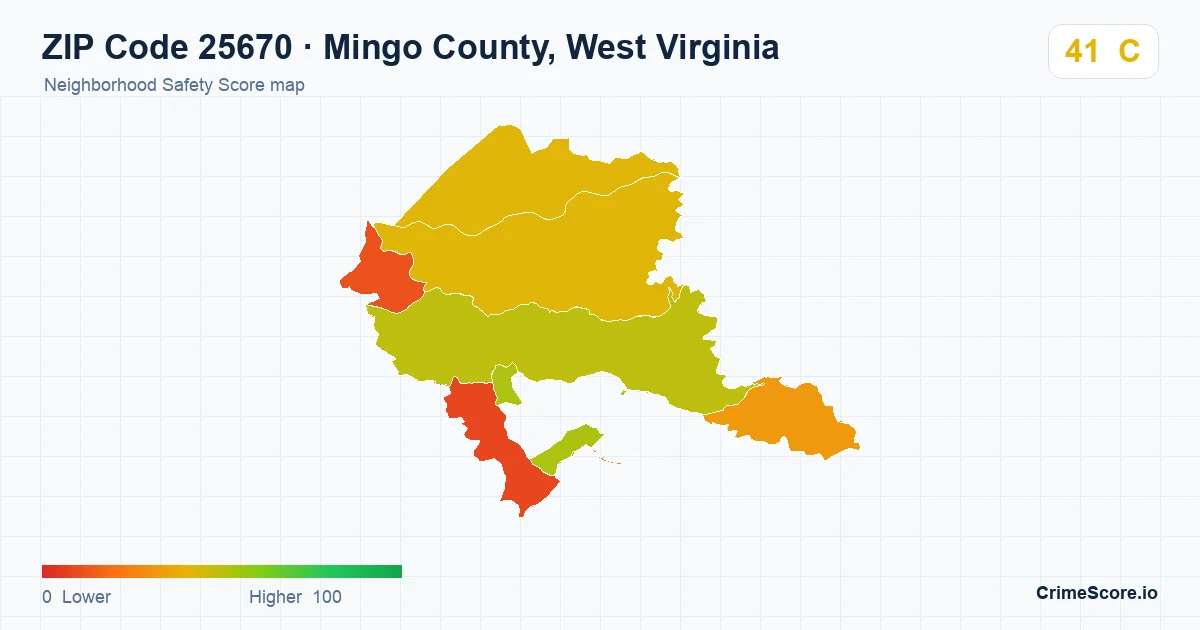 ZIP Code 25670 in Mingo County, West Virginia neighborhood Safety Score map