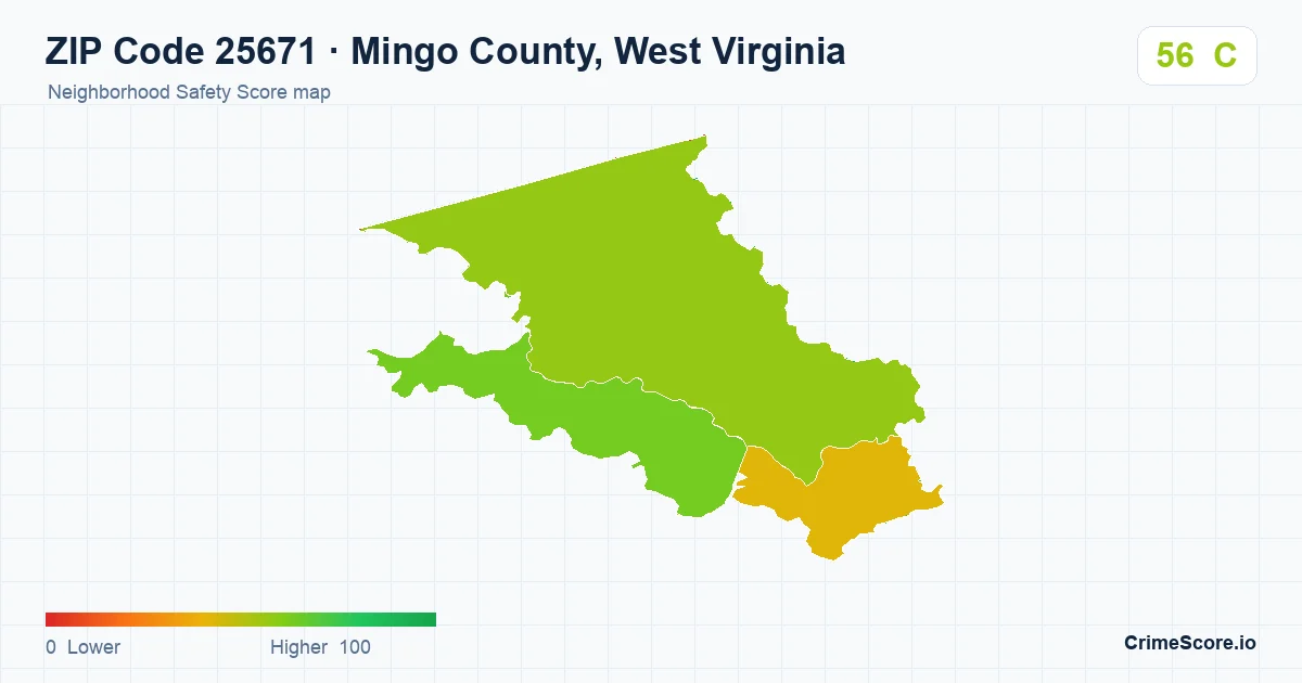 ZIP Code 25671 in Mingo County, West Virginia neighborhood Safety Score map