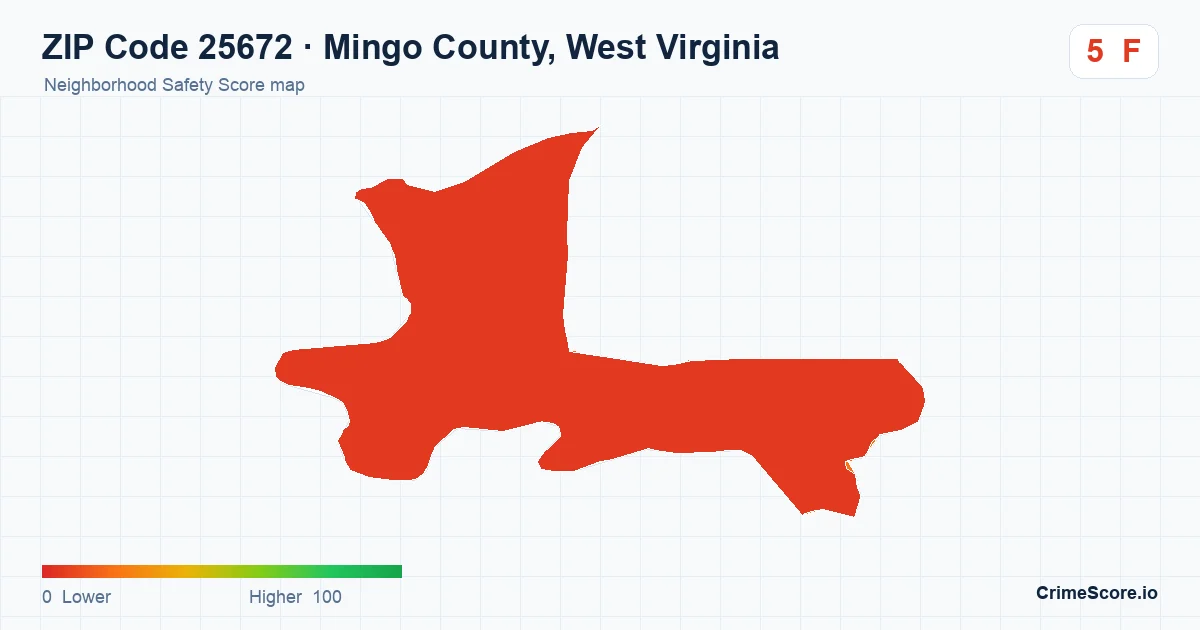 ZIP Code 25672 in Mingo County, West Virginia neighborhood Safety Score map