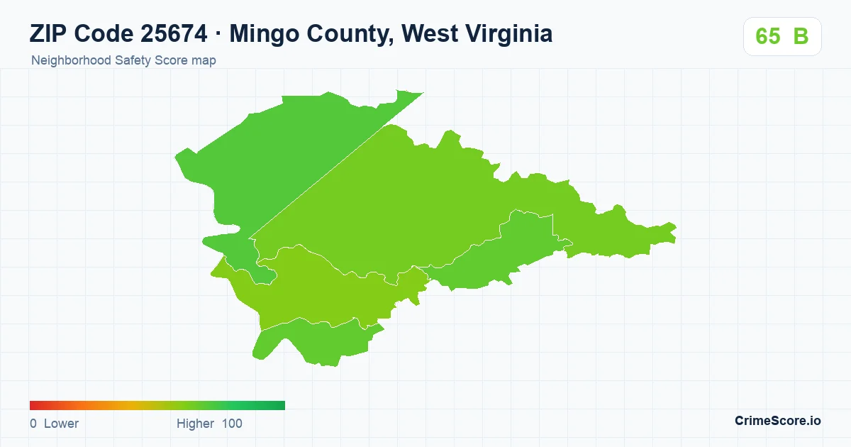 ZIP Code 25674 in Mingo County, West Virginia neighborhood Safety Score map