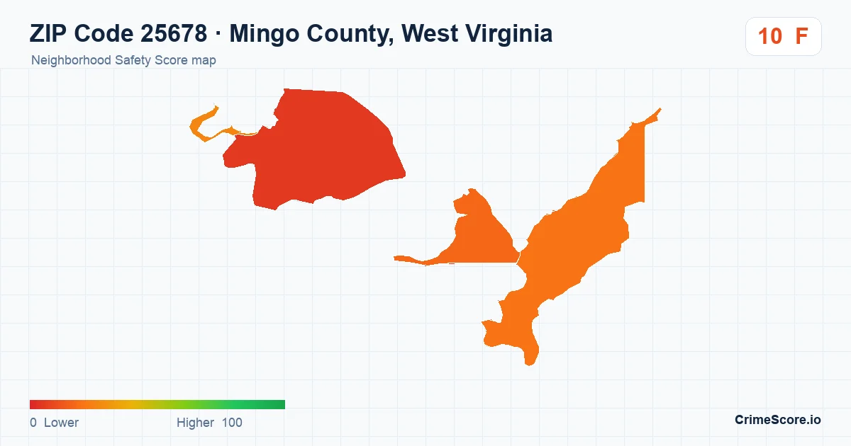 ZIP Code 25678 in Mingo County, West Virginia neighborhood Safety Score map