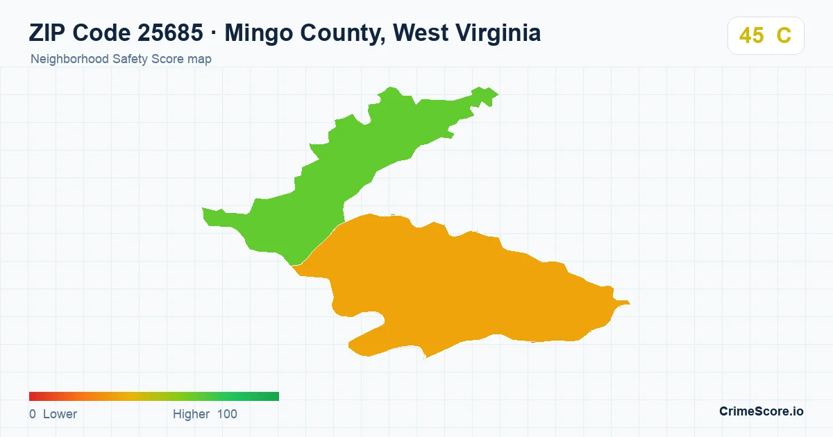 ZIP Code 25685 in Mingo County, West Virginia neighborhood Safety Score map