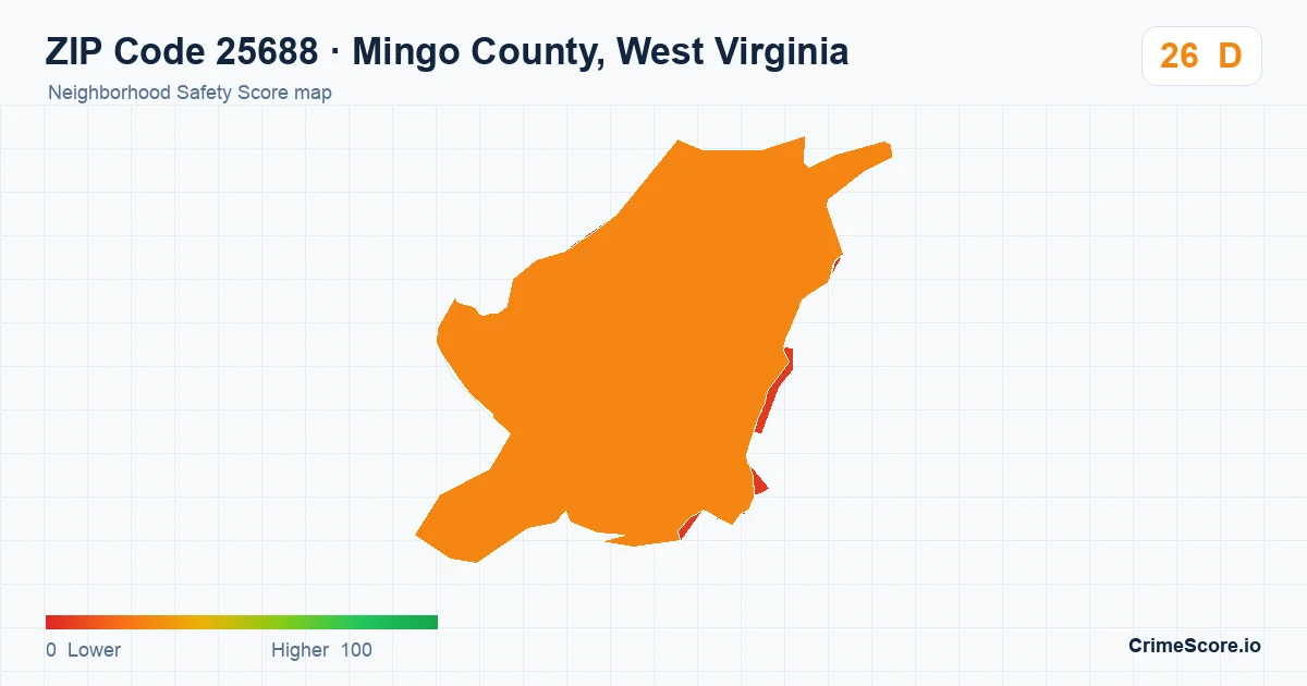 ZIP Code 25688 in Mingo County, West Virginia neighborhood Safety Score map