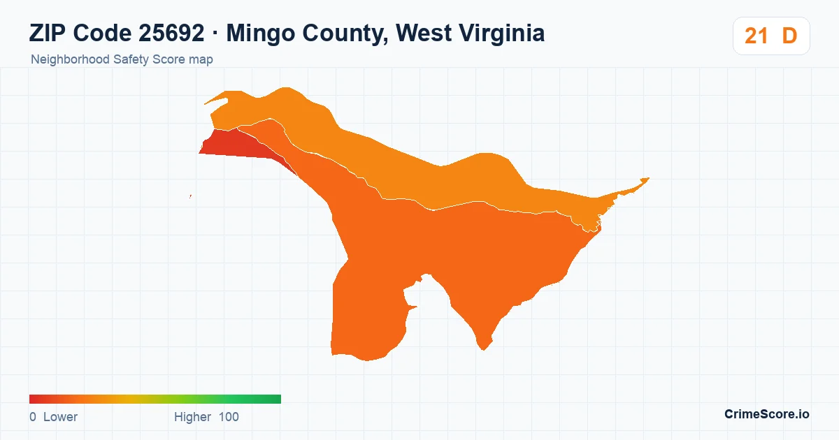 ZIP Code 25692 in Mingo County, West Virginia neighborhood Safety Score map