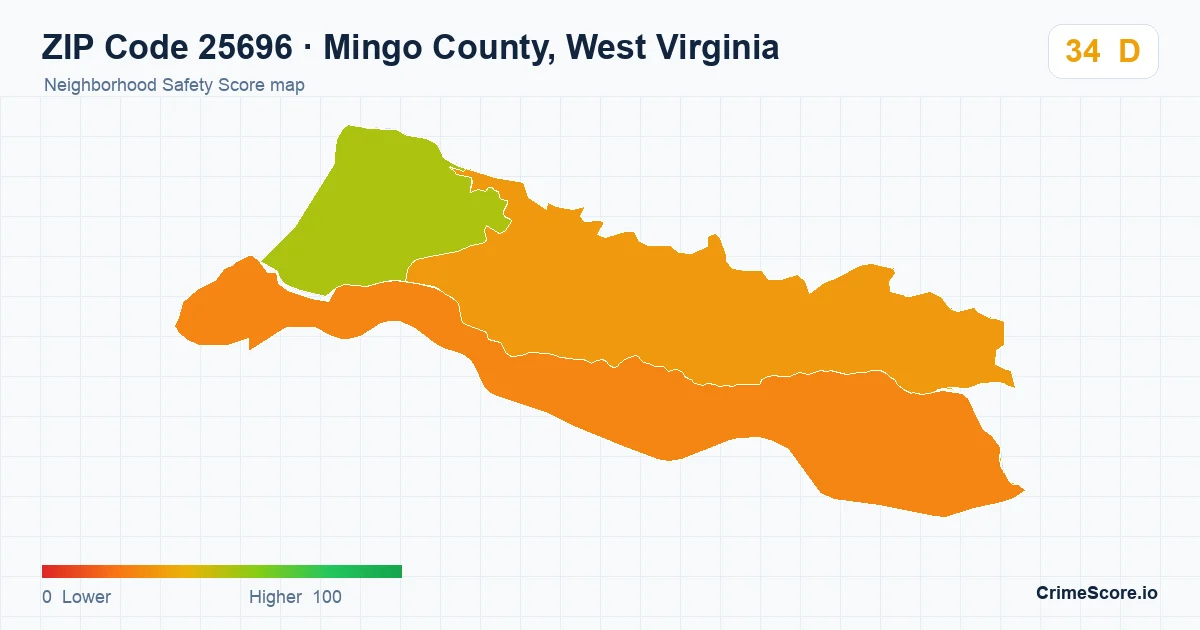 ZIP Code 25696 in Mingo County, West Virginia neighborhood Safety Score map