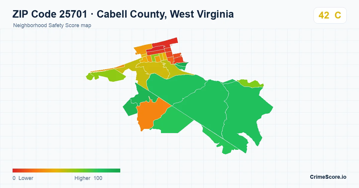 ZIP Code 25701 in Cabell County, West Virginia neighborhood Safety Score map