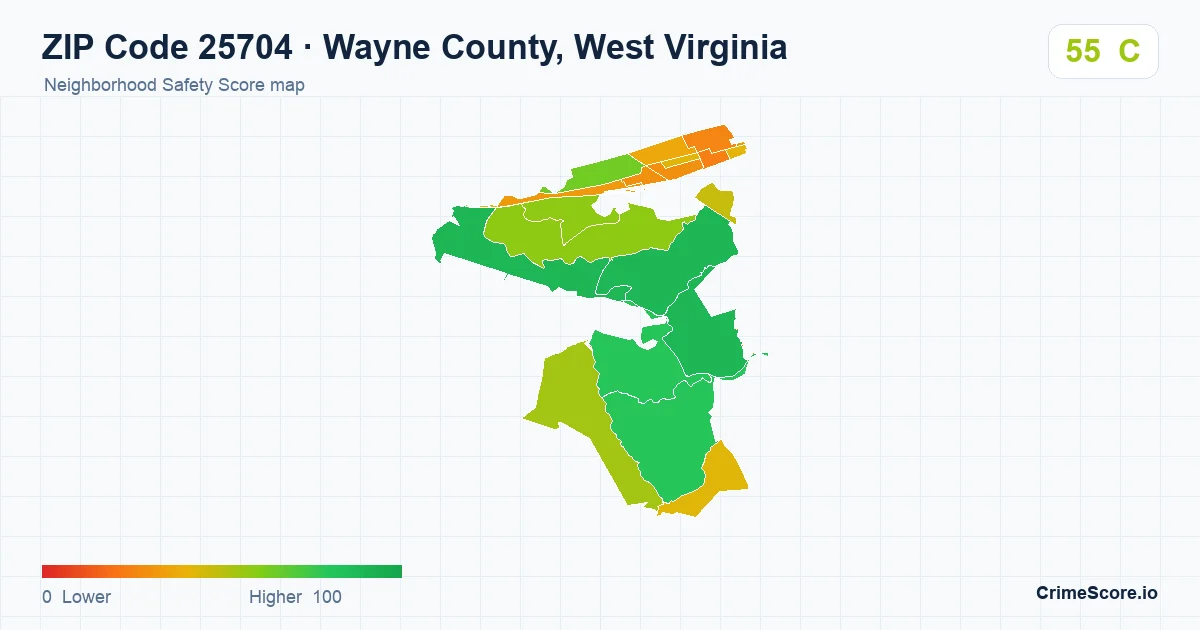 ZIP Code 25704 in Wayne County, West Virginia neighborhood Safety Score map