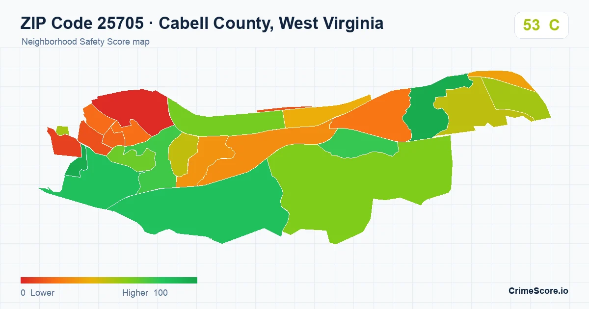 ZIP Code 25705 in Cabell County, West Virginia neighborhood Safety Score map
