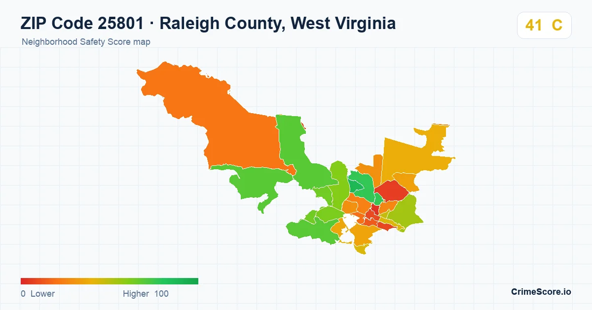 ZIP Code 25801 in Raleigh County, West Virginia neighborhood Safety Score map