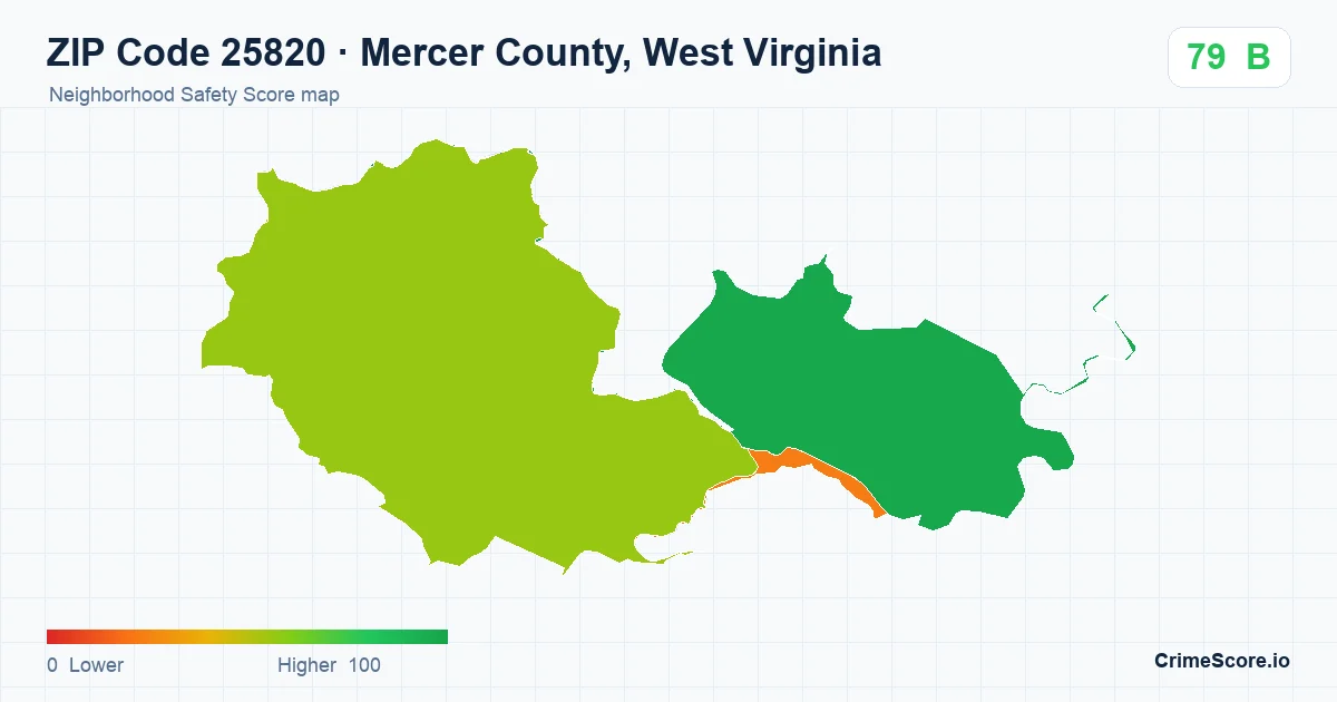 ZIP Code 25820 in Mercer County, West Virginia neighborhood Safety Score map