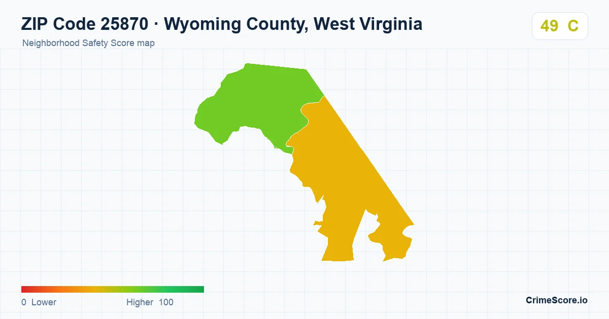 ZIP Code 25870 in Wyoming County, West Virginia neighborhood Safety Score map