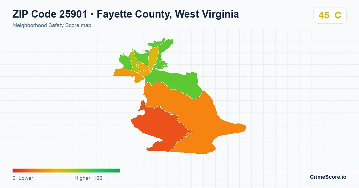 ZIP Code 25901 in Fayette County, West Virginia neighborhood Safety Score map